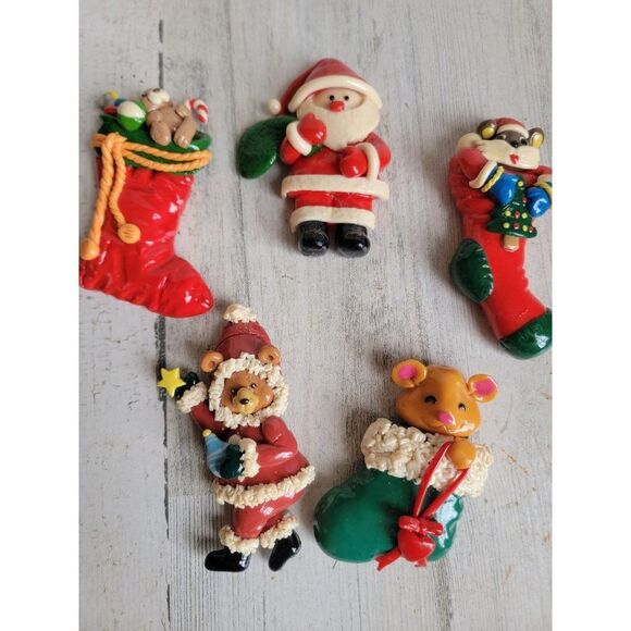 Vintage Clay Santa Claus stocking teddy bears magnet Xmas set decor - Picture 2 of 8